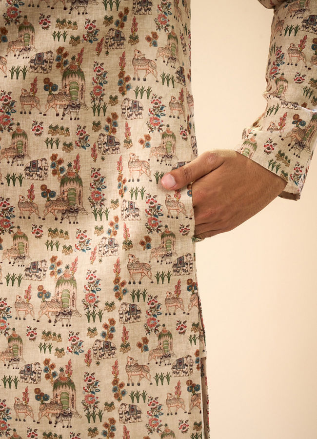 Manyavar Men Beige Cotton Splendor Kurta