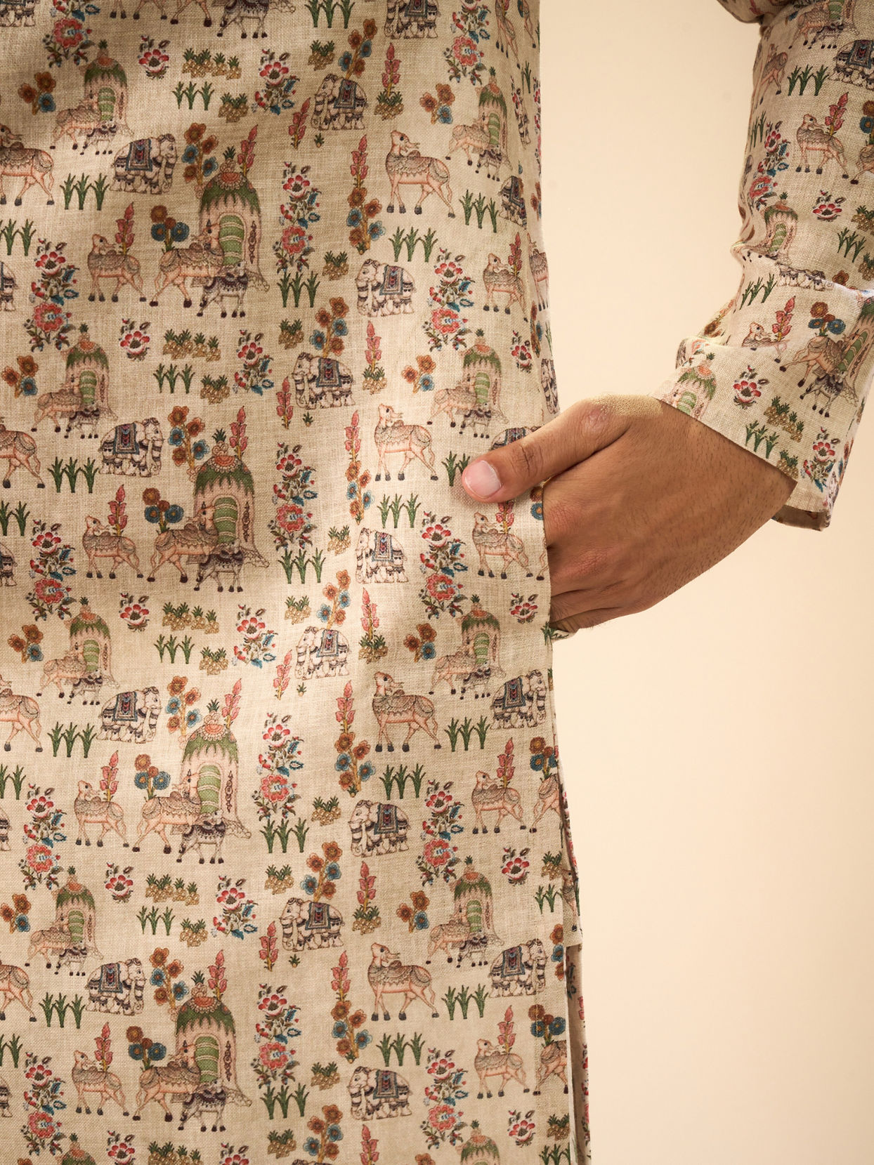 Manyavar Men Beige Cotton Splendor Kurta