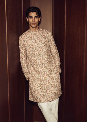 Manyavar Men Beige Cotton Splendor Kurta