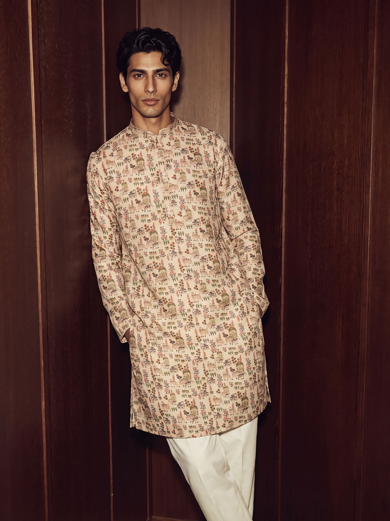 Manyavar Men Beige Cotton Splendor Kurta