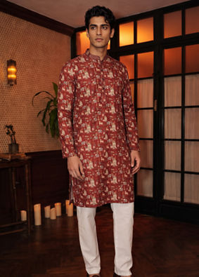 Manyavar Men Rust Kissed Cotton Kurta