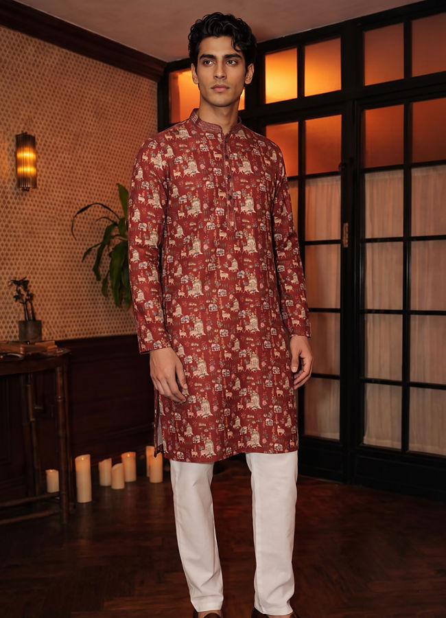Manyavar Men Rust Kissed Cotton Kurta