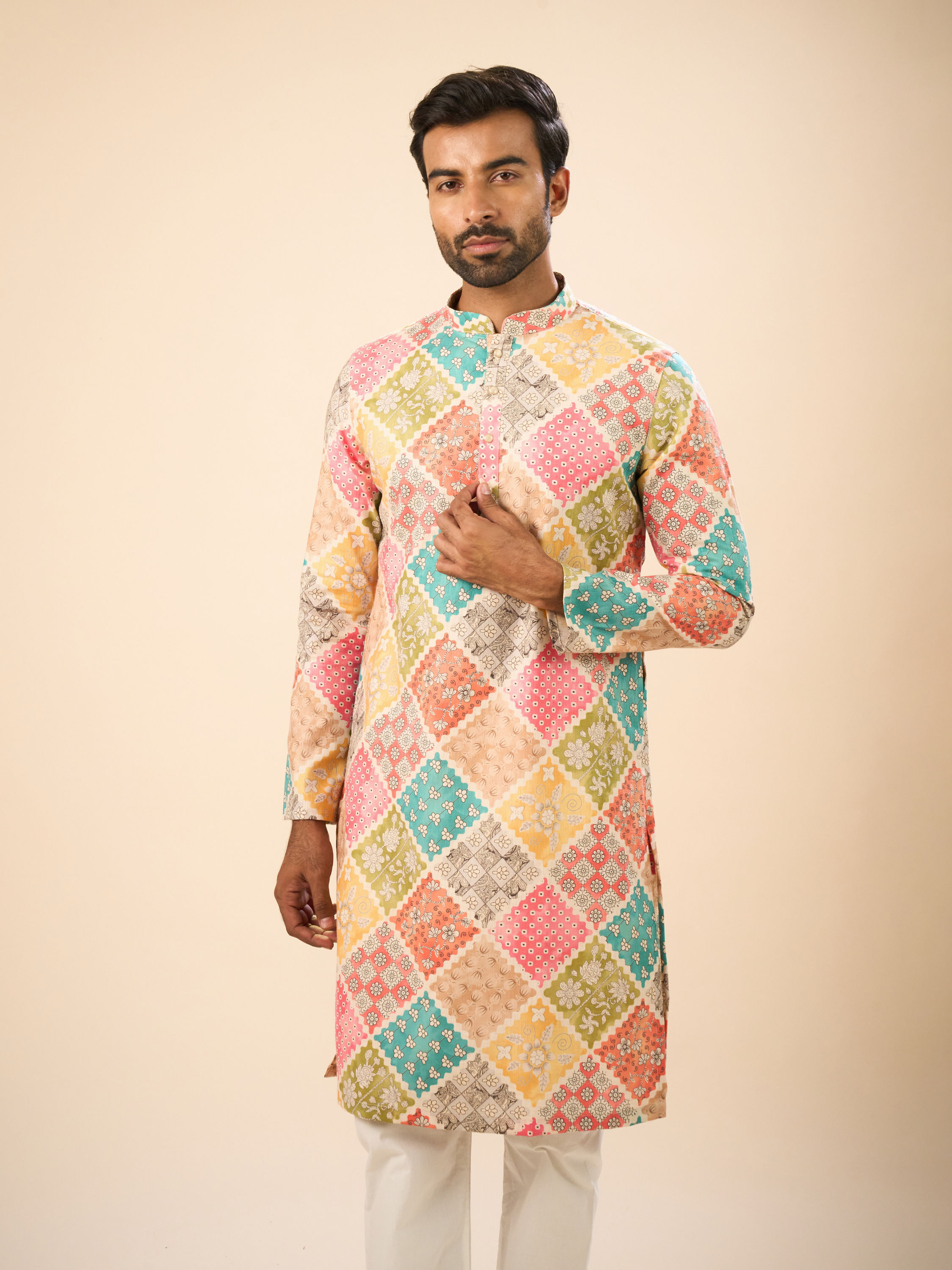 Manyavar Men Beige Cotton Harmony Kurta