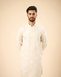 Manyavar Men Beige Blended Linen Mid Length Kurta