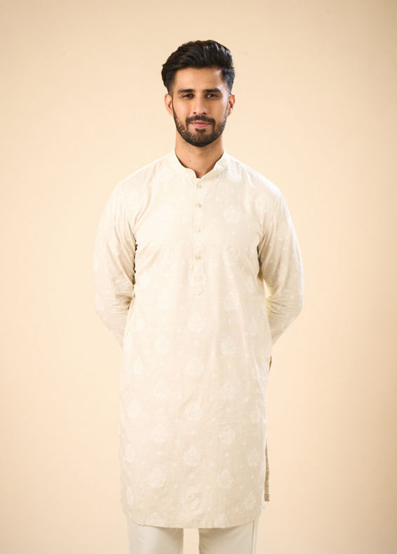 Manyavar Men Beige Blended Linen Mid Length Kurta
