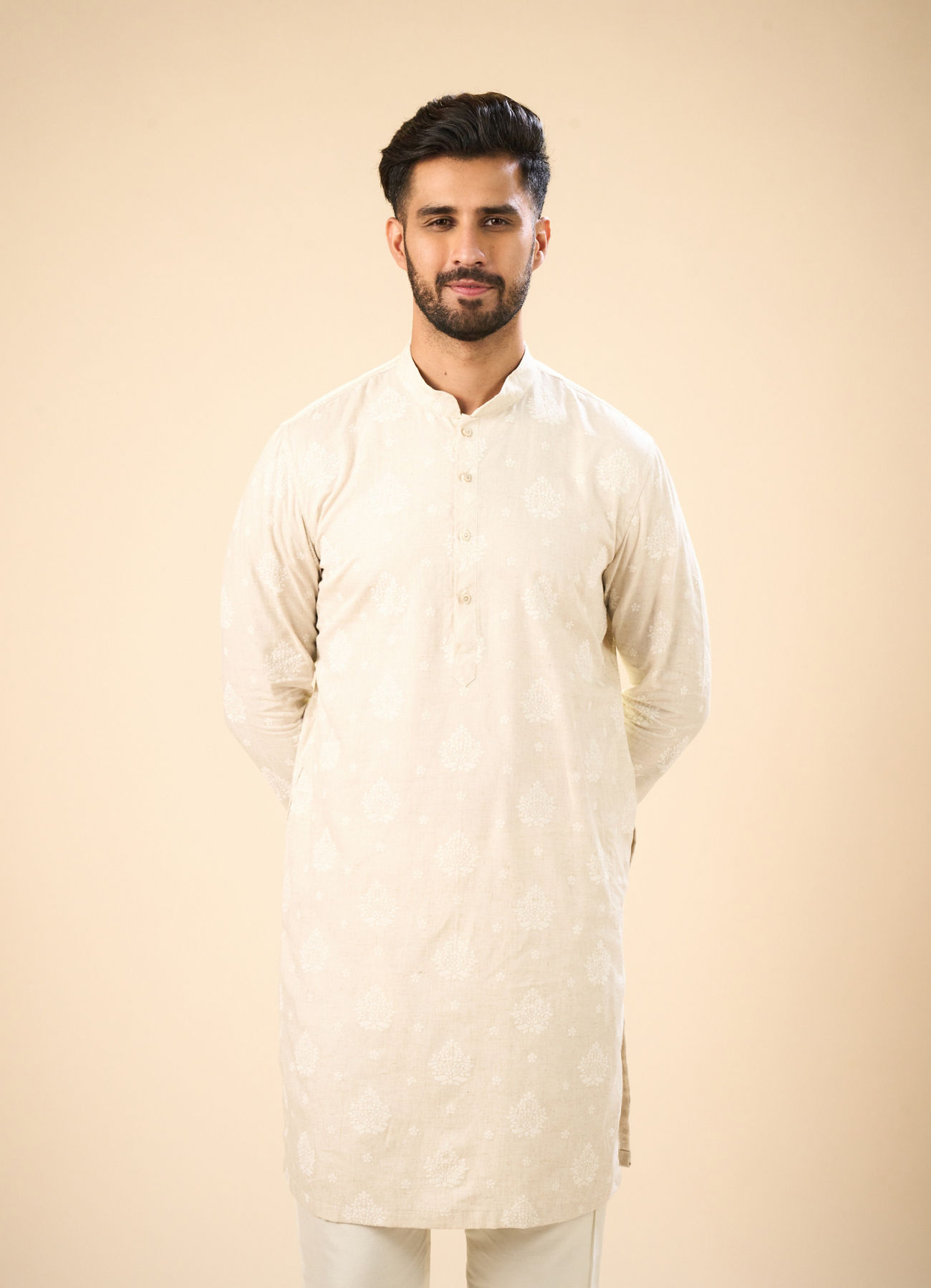 Manyavar Men Beige Blended Linen Mid Length Kurta