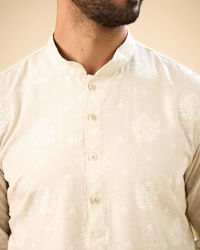 Manyavar Men Beige Blended Linen Mid Length Kurta