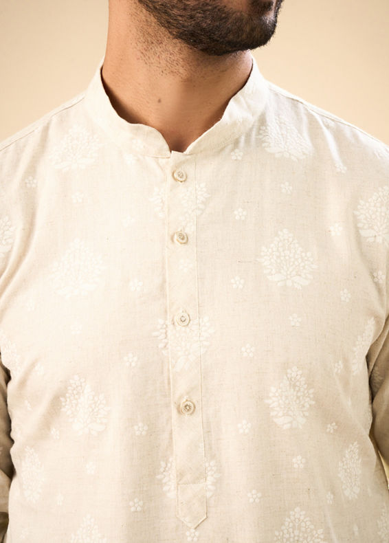 Manyavar Men Beige Blended Linen Mid Length Kurta