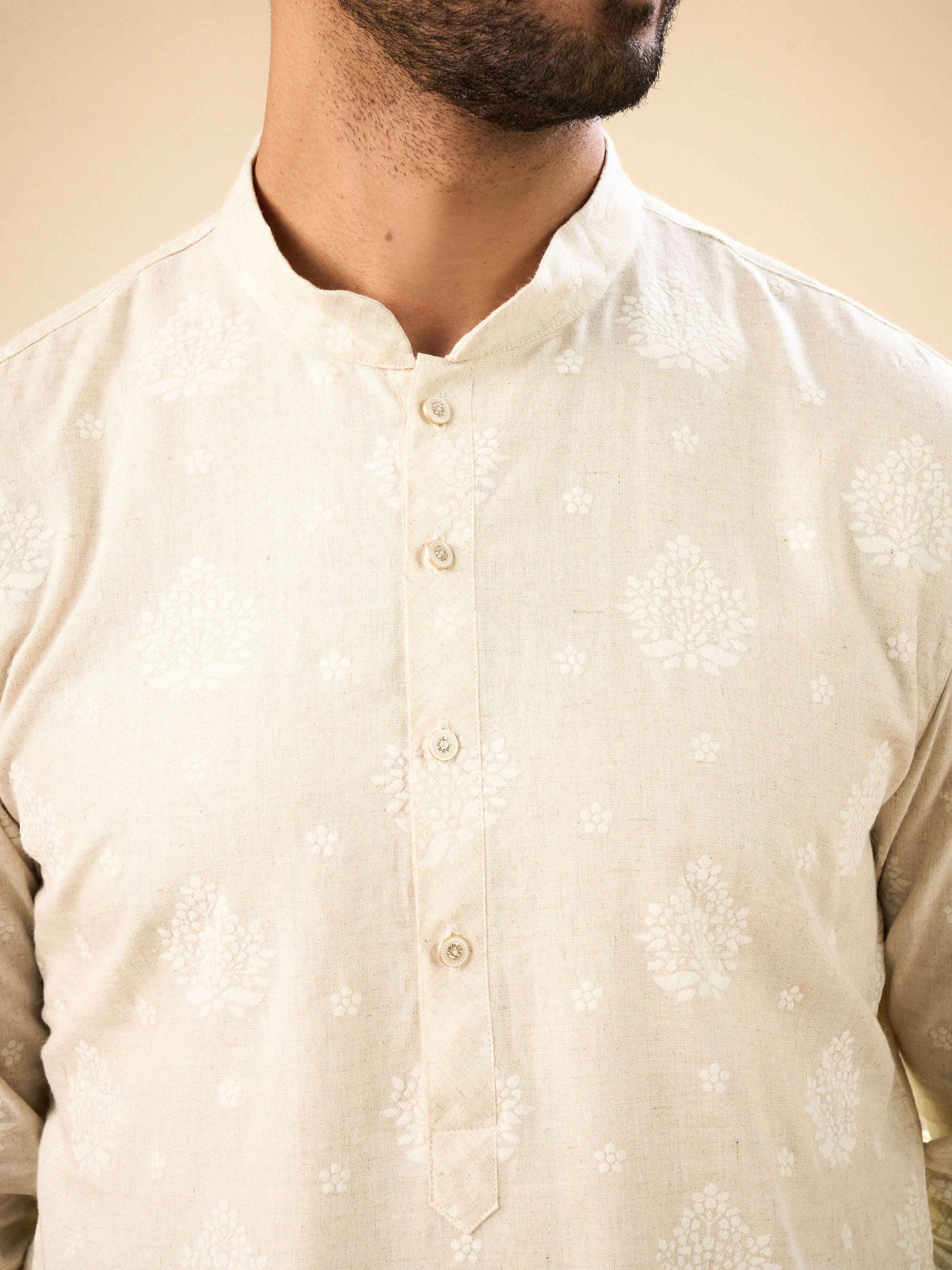 Manyavar Men Beige Blended Linen Mid Length Kurta