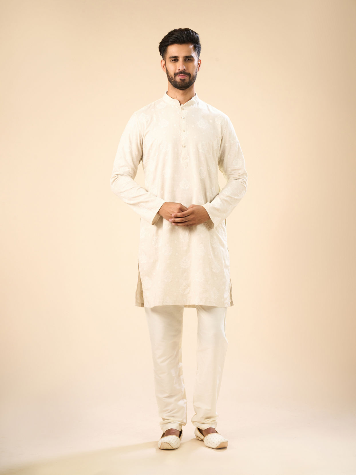 Manyavar Men Beige Blended Linen Mid Length Kurta