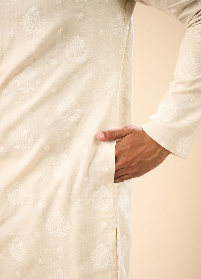 Manyavar Men Beige Blended Linen Mid Length Kurta