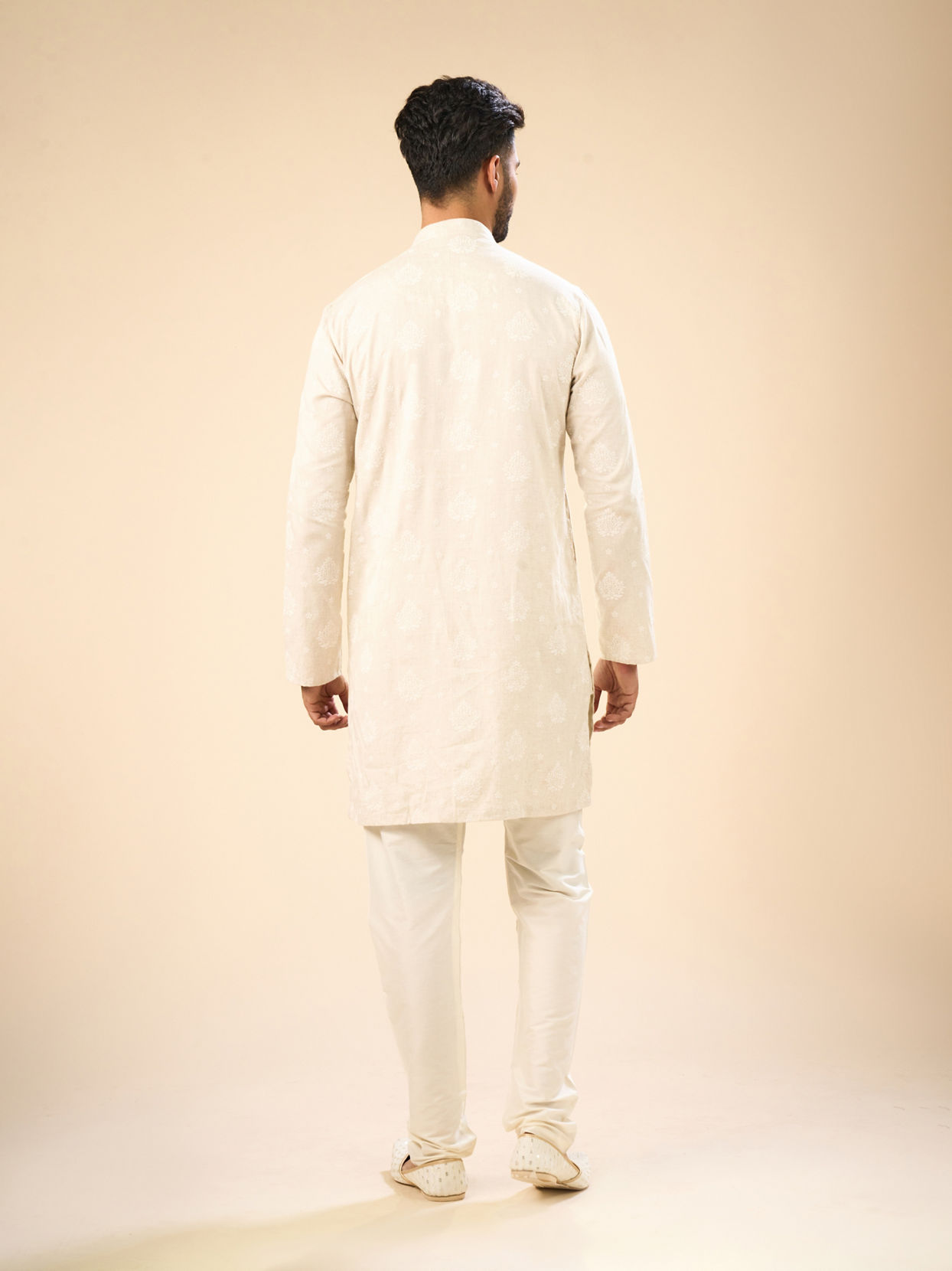Manyavar Men Beige Blended Linen Mid Length Kurta
