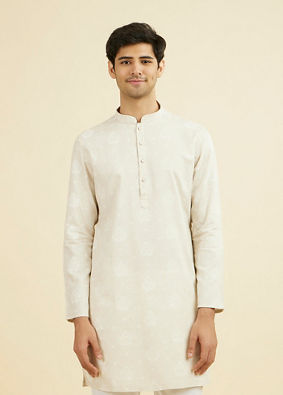 Manyavar Men Beige Blended Linen Mid Length Kurta