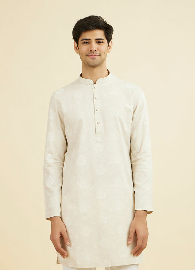 Manyavar Men Beige Blended Linen Mid Length Kurta