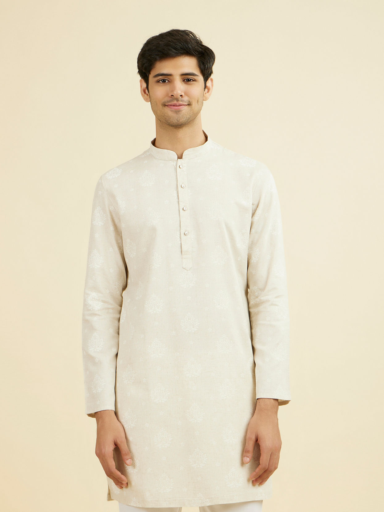Manyavar Men Beige Blended Linen Mid Length Kurta