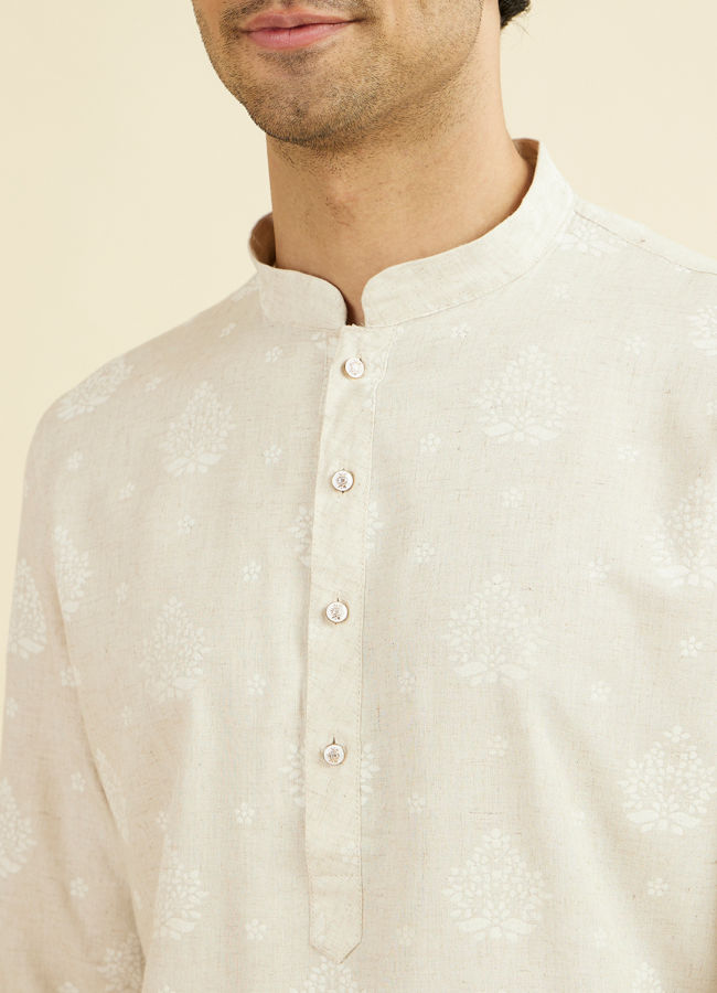 Manyavar Men Beige Blended Linen Mid Length Kurta