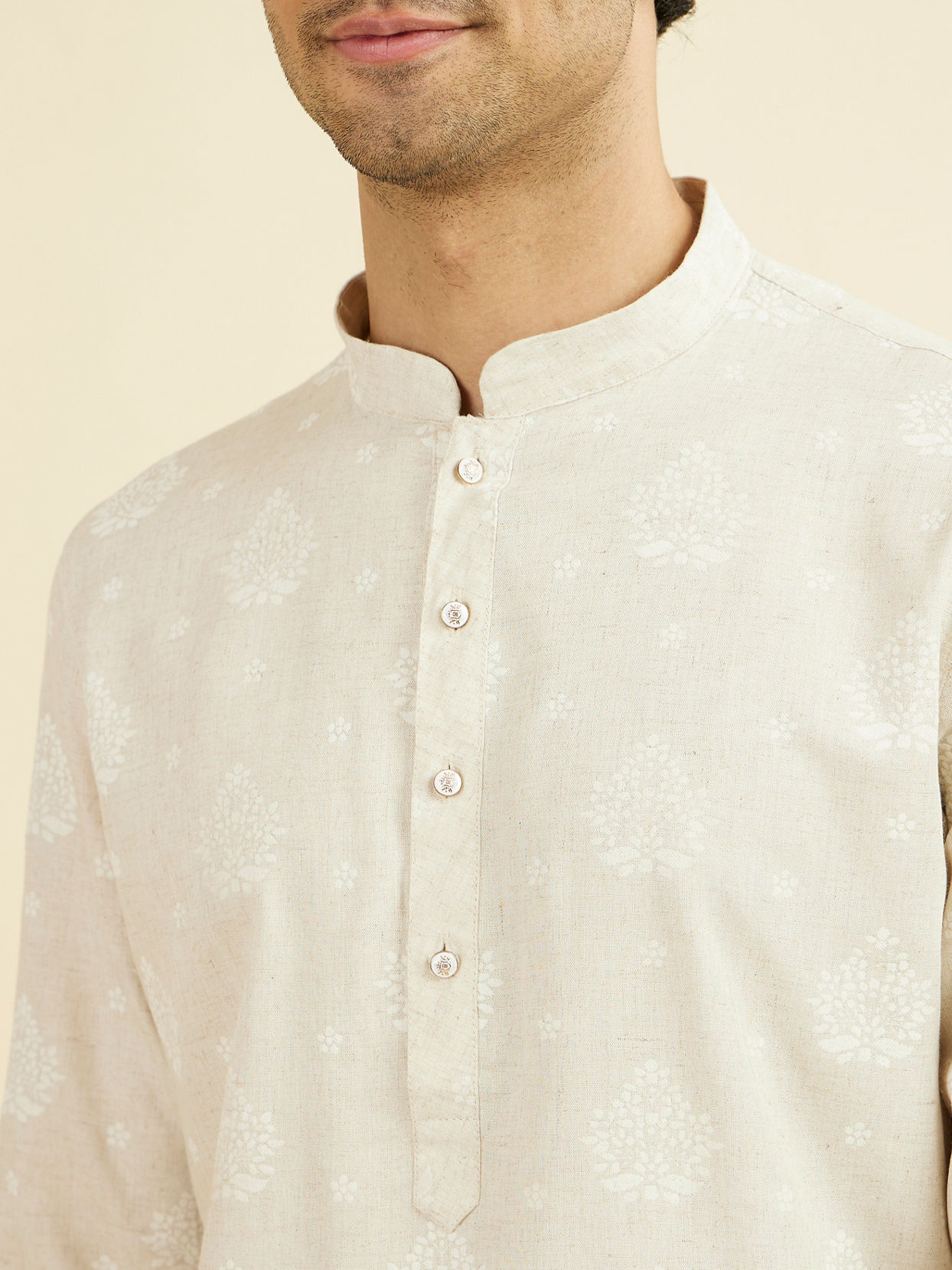 Manyavar Men Beige Blended Linen Mid Length Kurta