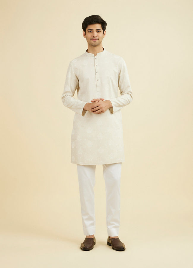Manyavar Men Beige Blended Linen Mid Length Kurta