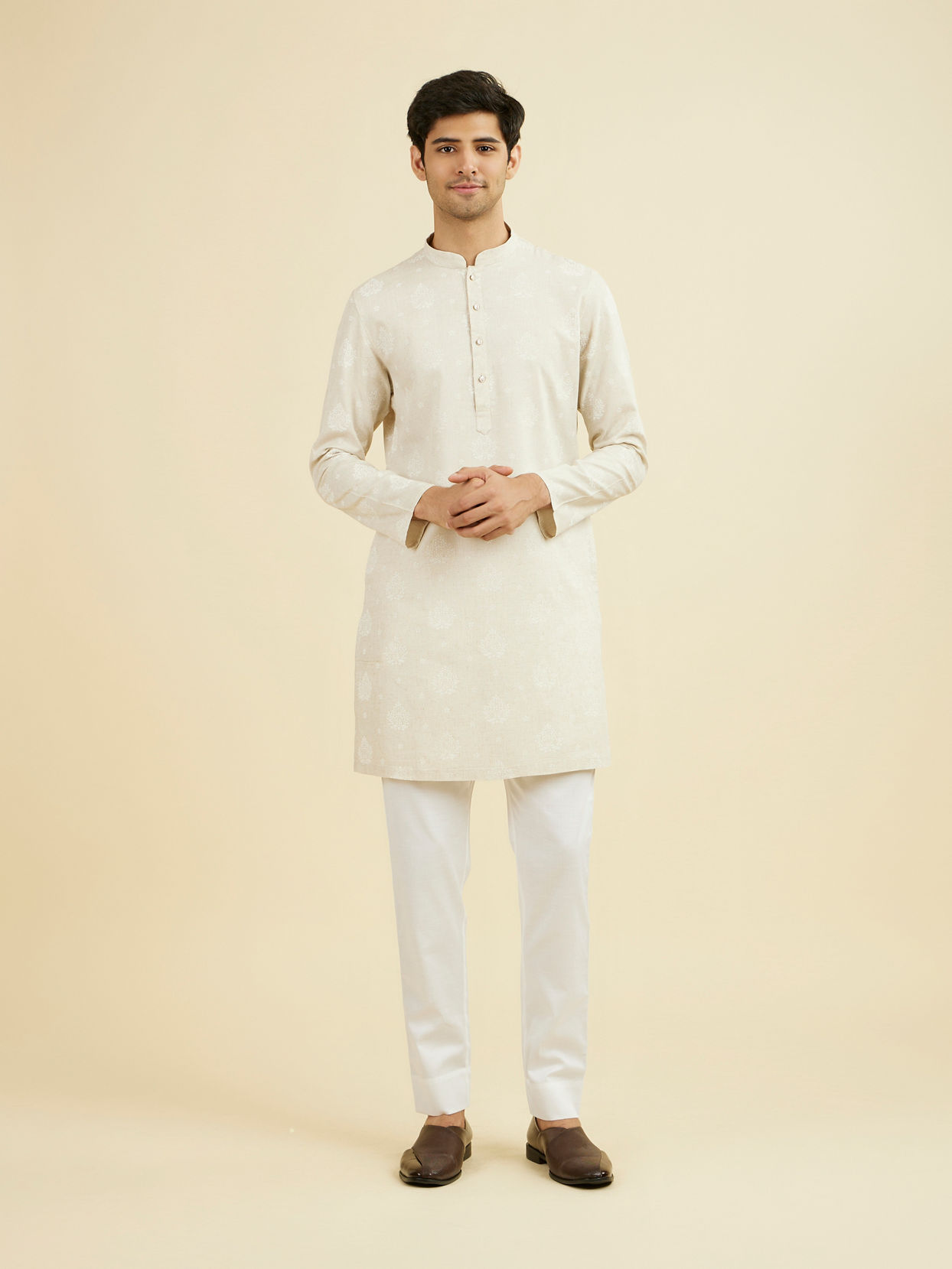 Manyavar Men Beige Blended Linen Mid Length Kurta