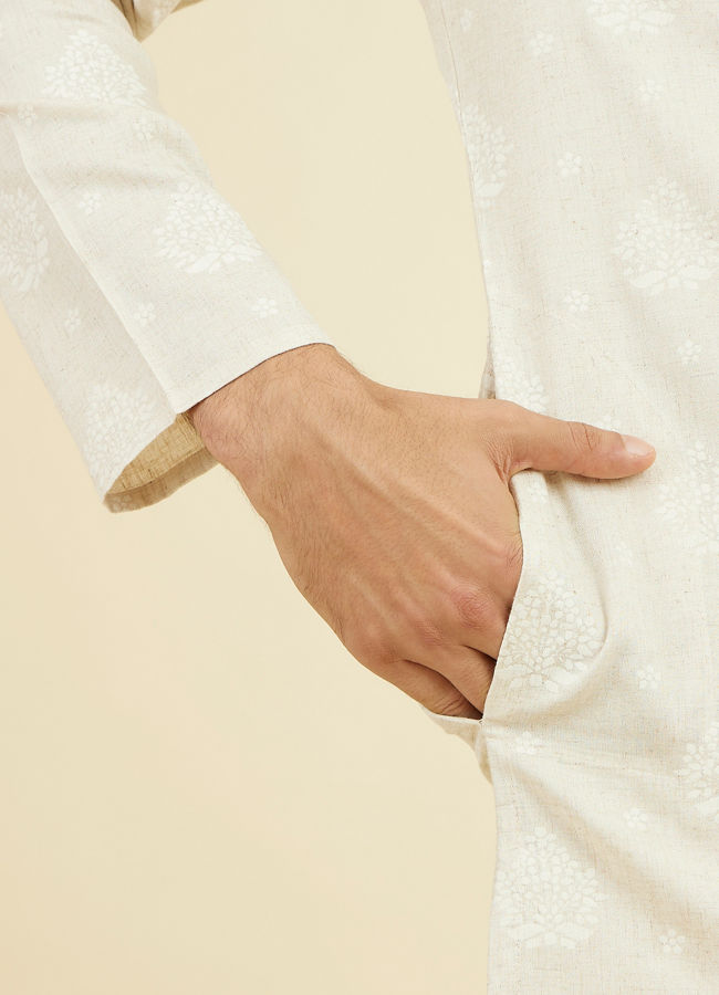 Manyavar Men Beige Blended Linen Mid Length Kurta