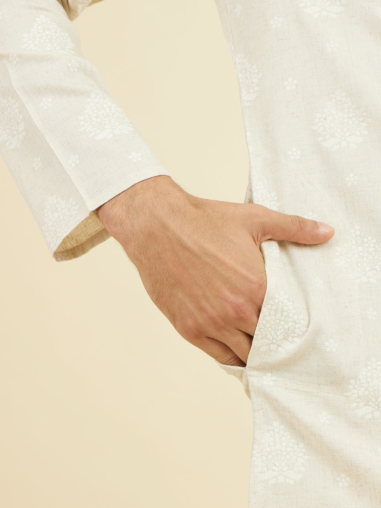 Manyavar Men Beige Blended Linen Mid Length Kurta
