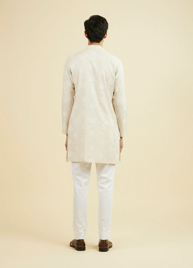 Manyavar Men Beige Blended Linen Mid Length Kurta