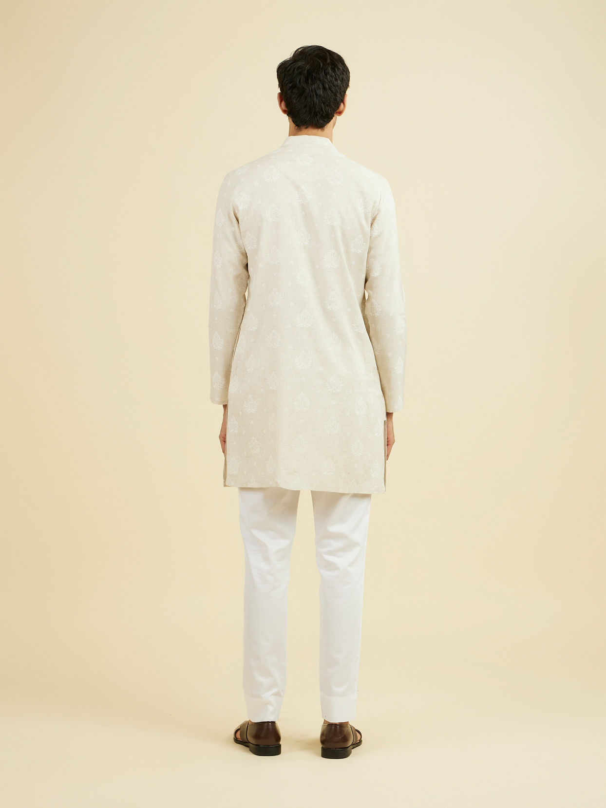 Manyavar Men Beige Blended Linen Mid Length Kurta