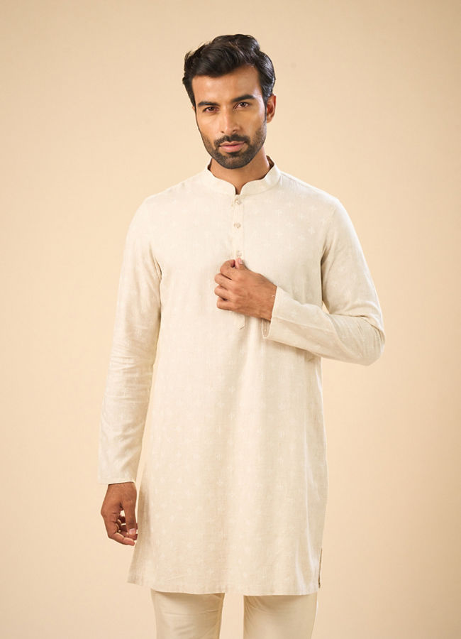 Manyavar Men Beige Blended Linen Designer Kurta