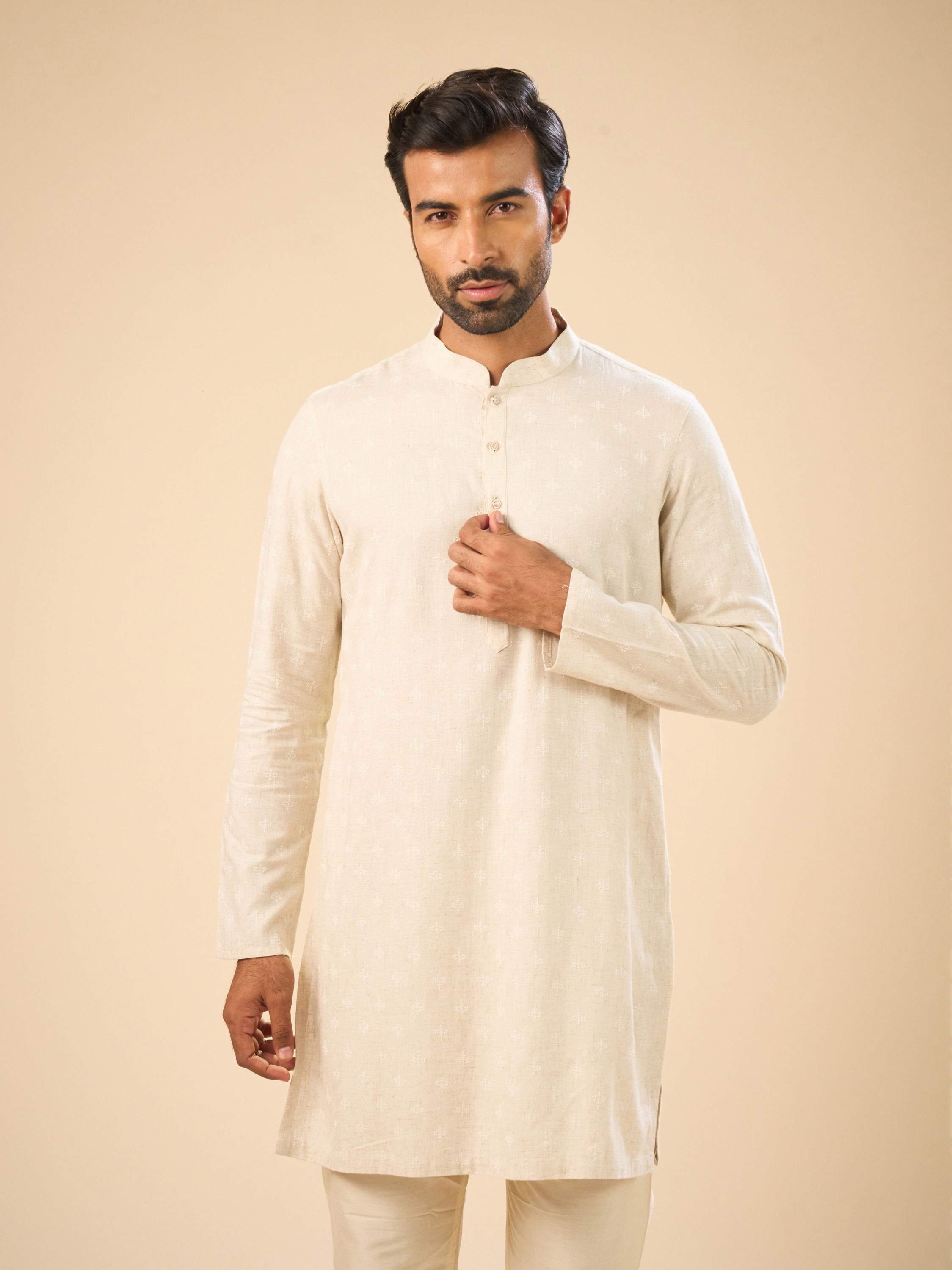 Manyavar Men Beige Blended Linen Designer Kurta