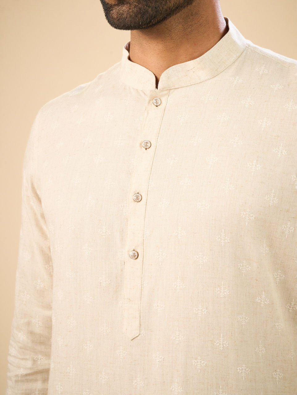 Manyavar Men Beige Blended Linen Designer Kurta