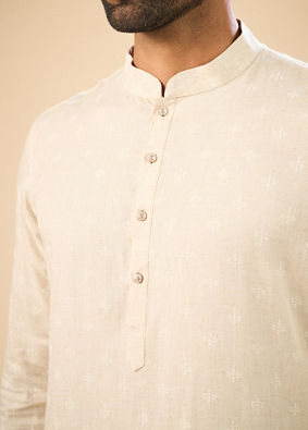 Manyavar Men Beige Blended Linen Designer Kurta