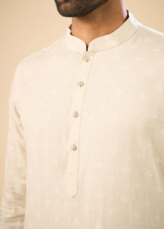 Manyavar Men Beige Blended Linen Designer Kurta