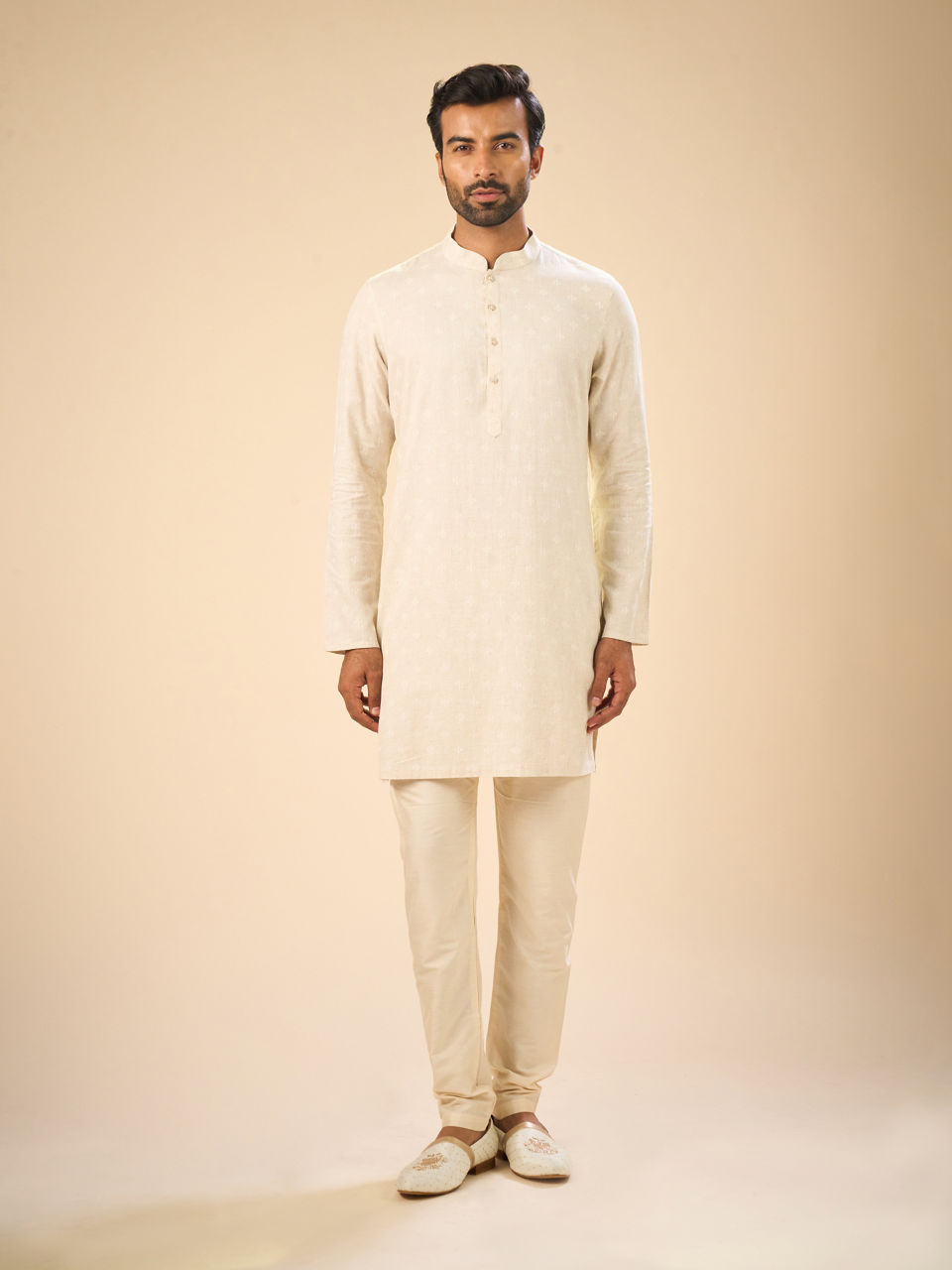 Manyavar Men Beige Blended Linen Designer Kurta