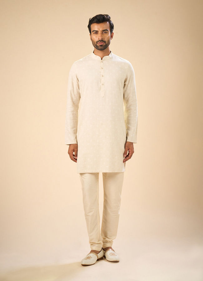 Manyavar Men Beige Blended Linen Designer Kurta