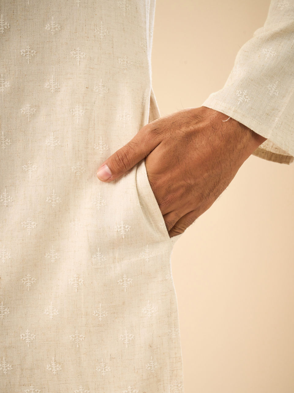 Manyavar Men Beige Blended Linen Designer Kurta