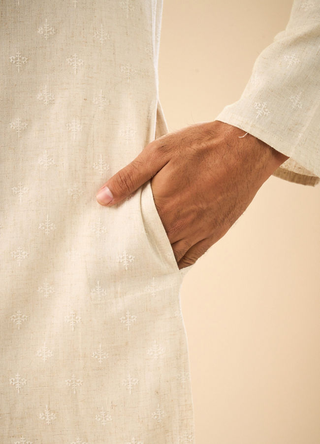 Manyavar Men Beige Blended Linen Designer Kurta