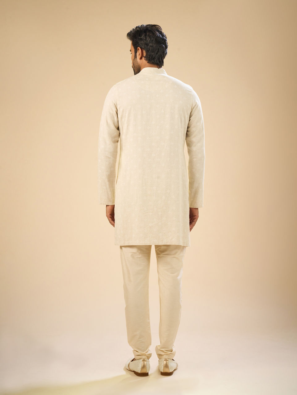 Manyavar Men Beige Blended Linen Designer Kurta