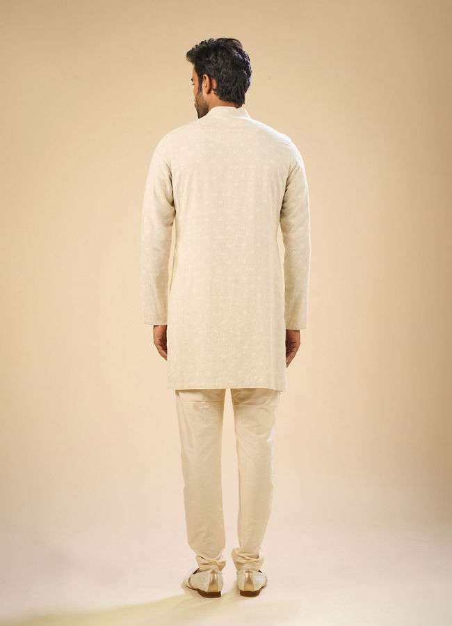 Manyavar Men Beige Blended Linen Designer Kurta