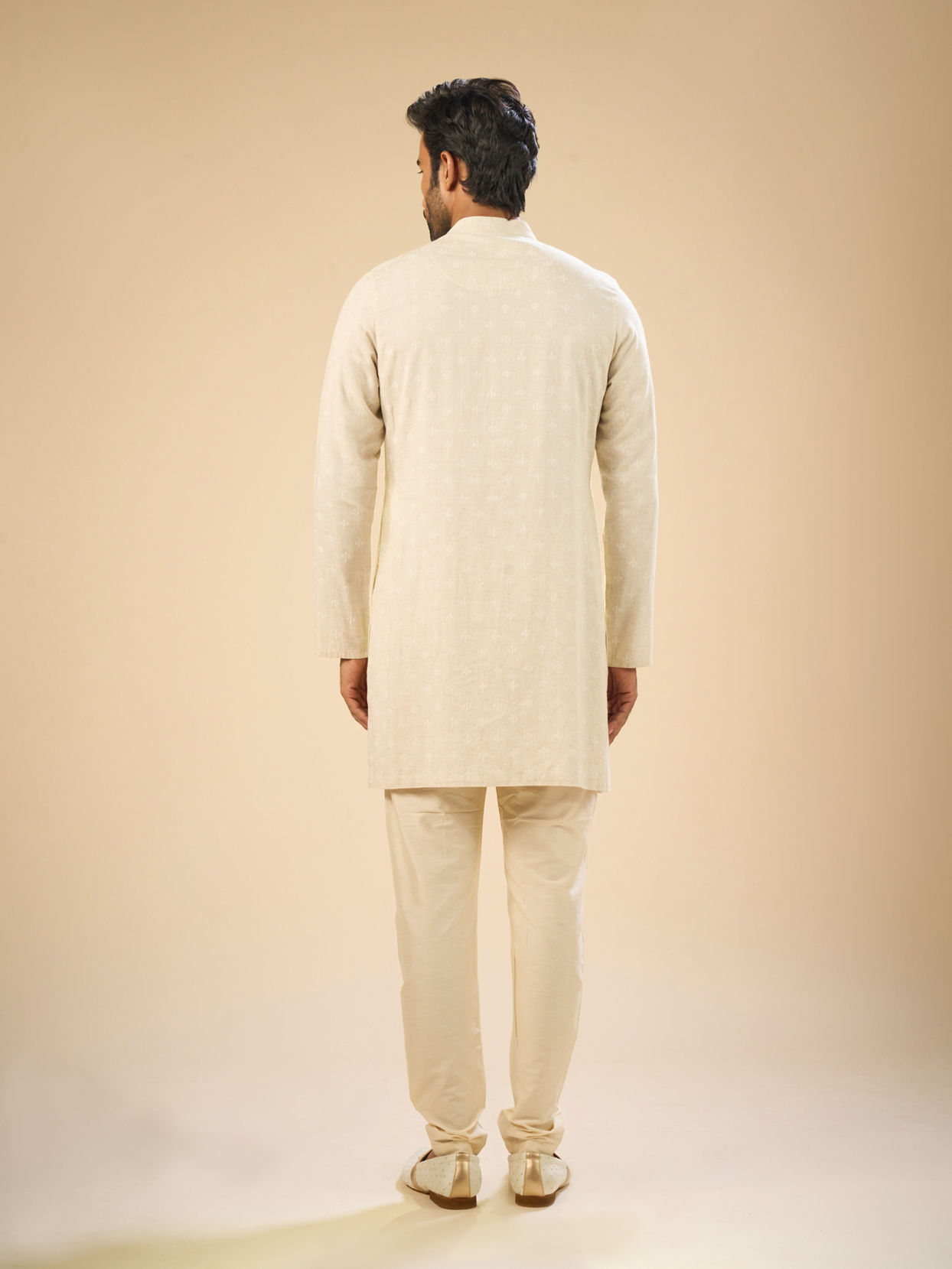 Manyavar Men Beige Blended Linen Designer Kurta