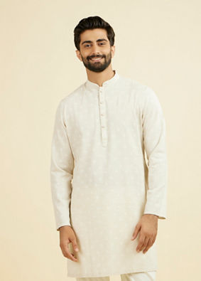 Manyavar Men Beige Blended Linen Designer Kurta