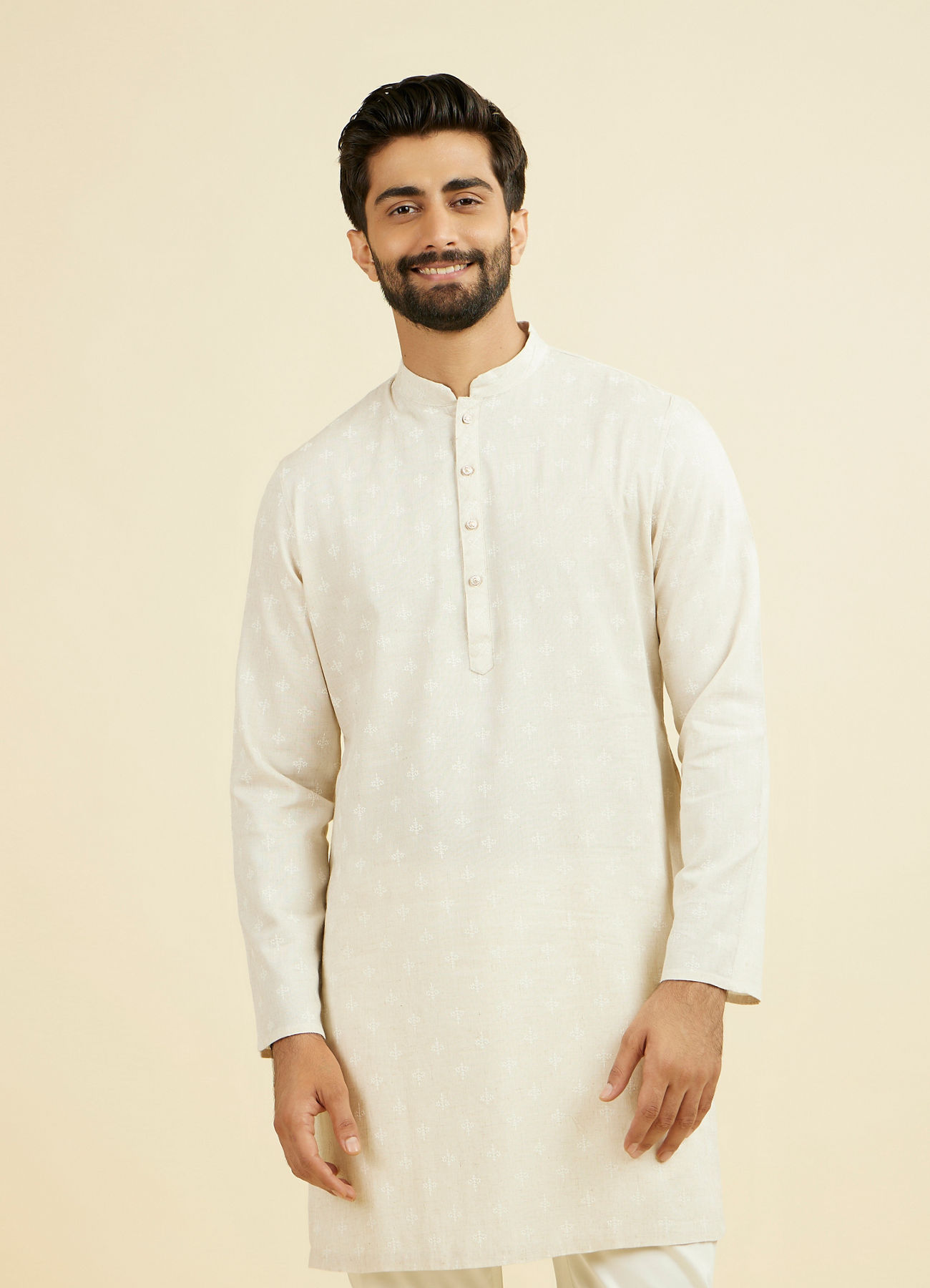 Manyavar Men Beige Blended Linen Designer Kurta