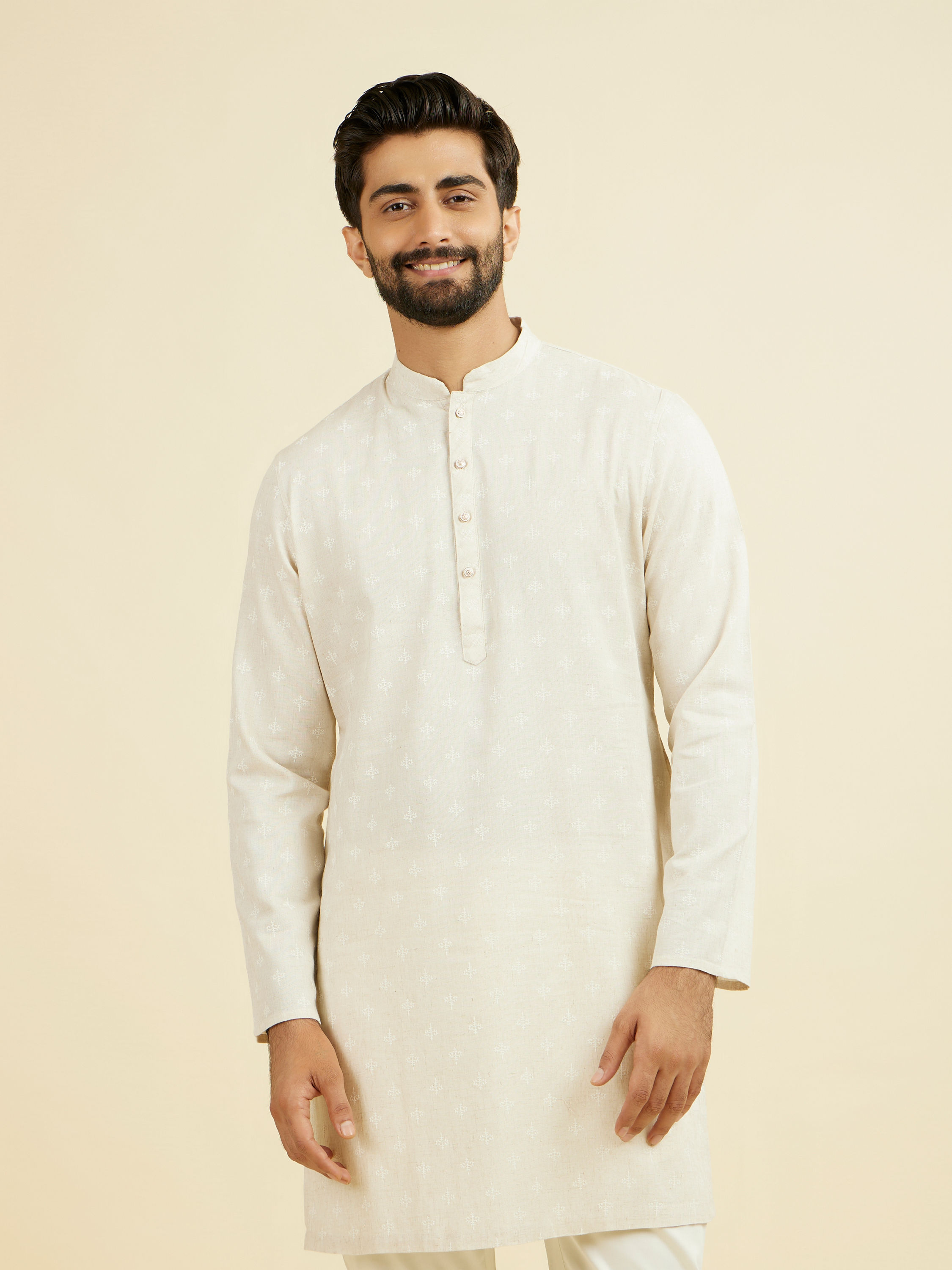 Manyavar Men Beige Blended Linen Designer Kurta
