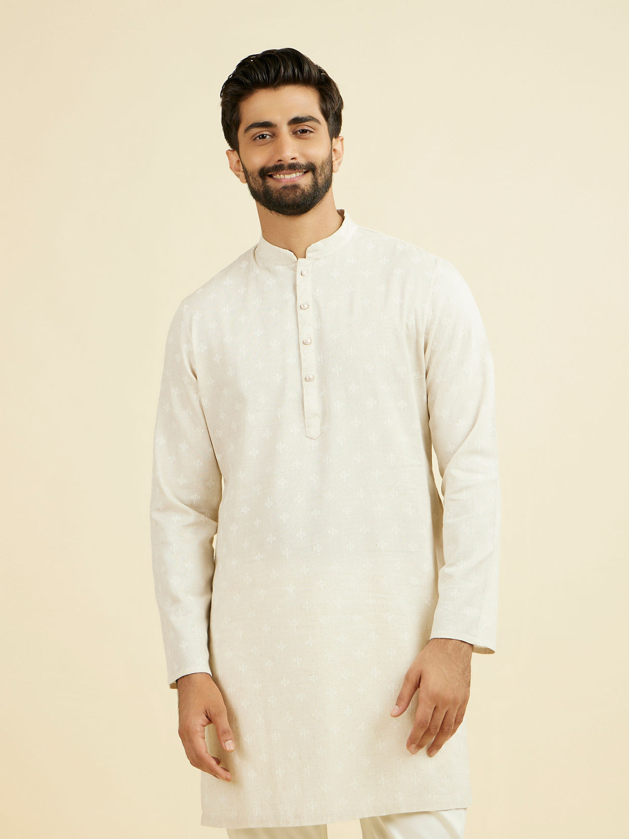 Manyavar Men Beige Blended Linen Designer Kurta
