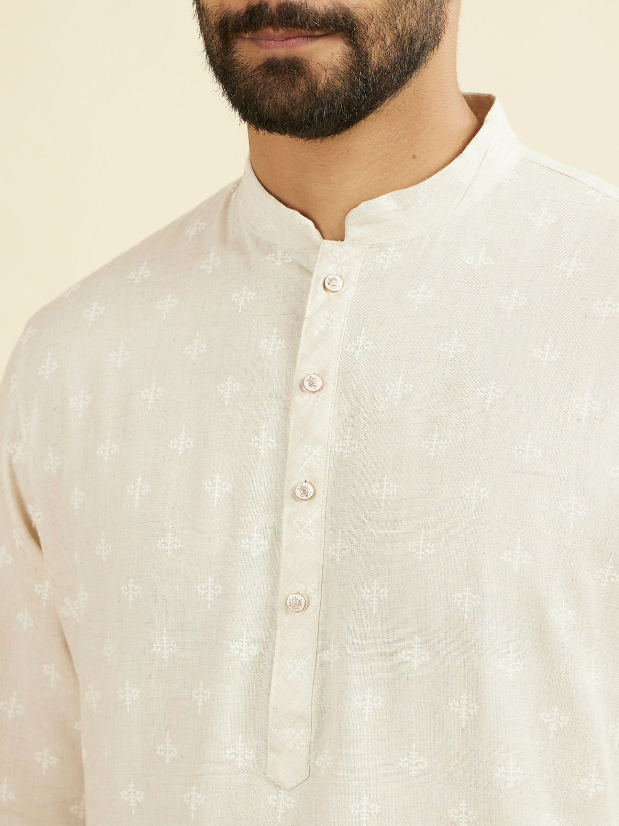 Manyavar Men Beige Blended Linen Designer Kurta