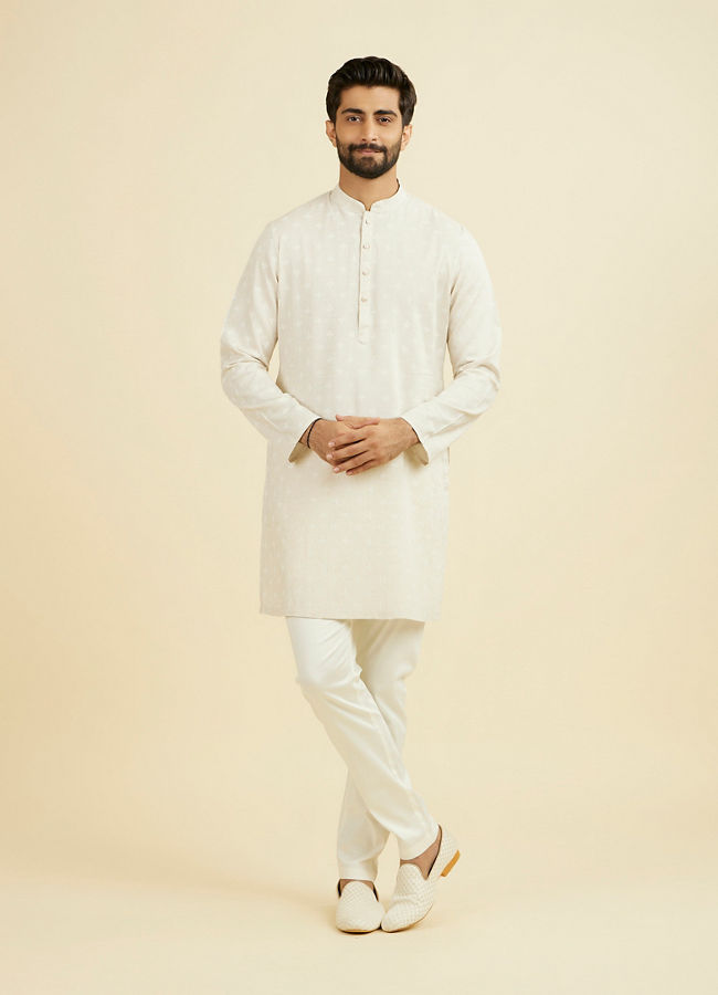 Manyavar Men Beige Blended Linen Designer Kurta