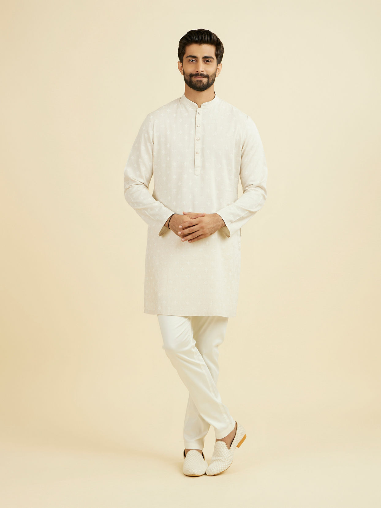 Manyavar Men Beige Blended Linen Designer Kurta