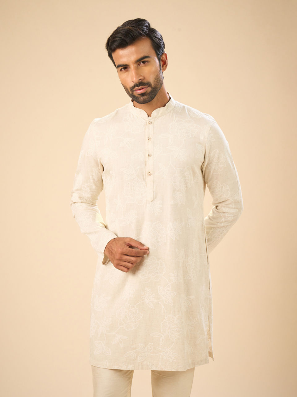 Manyavar Men Beige Enchantment Mid Length Kurta
