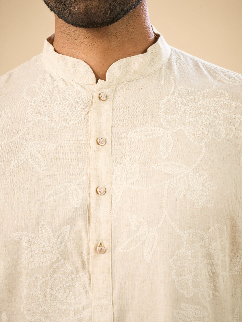 Manyavar Men Beige Enchantment Mid Length Kurta