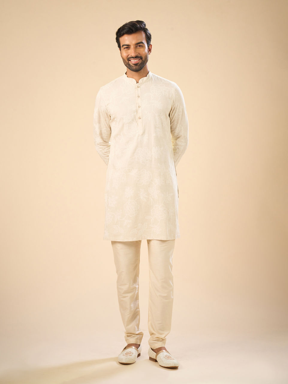 Manyavar Men Beige Enchantment Mid Length Kurta