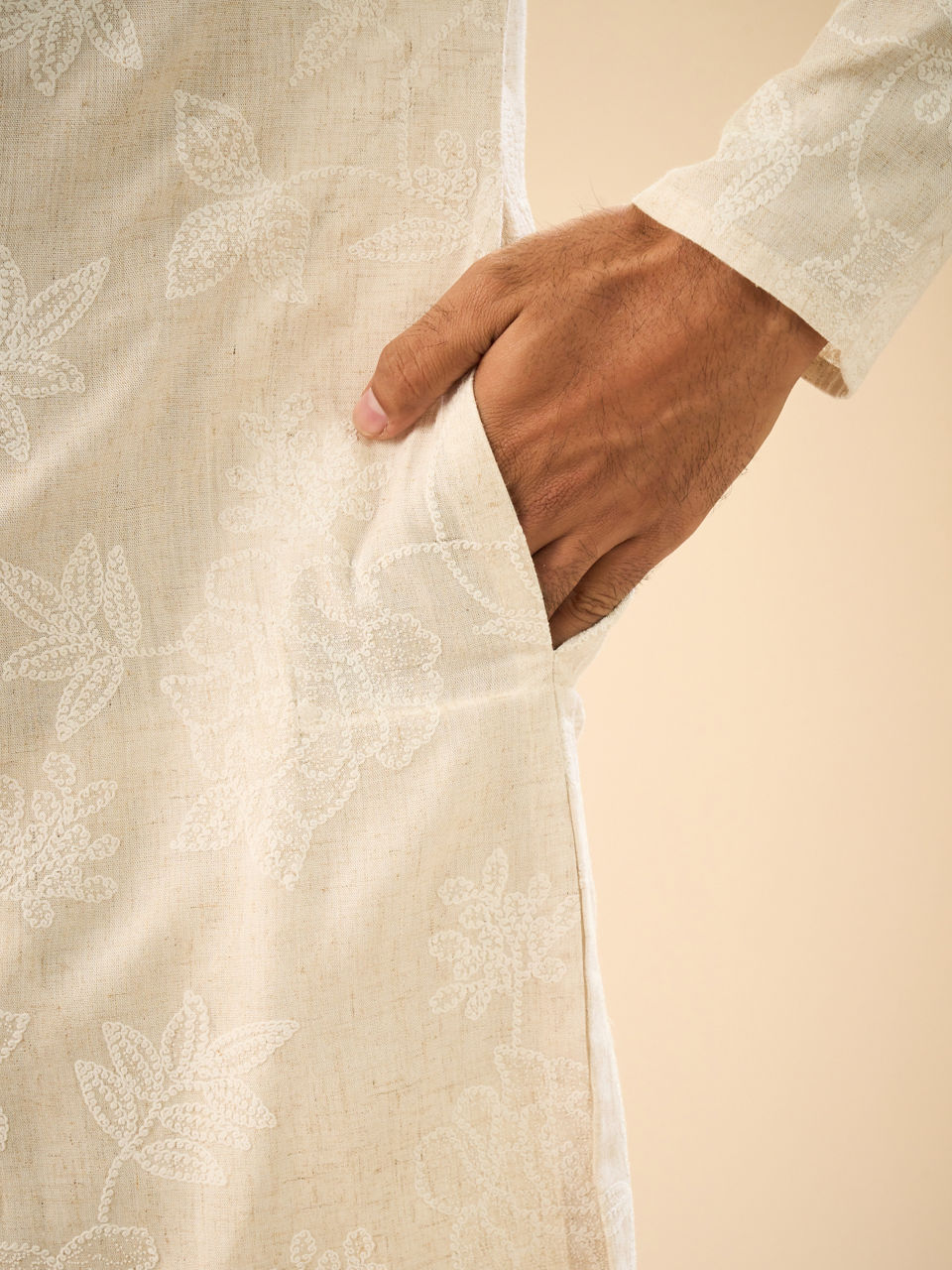 Manyavar Men Beige Enchantment Mid Length Kurta